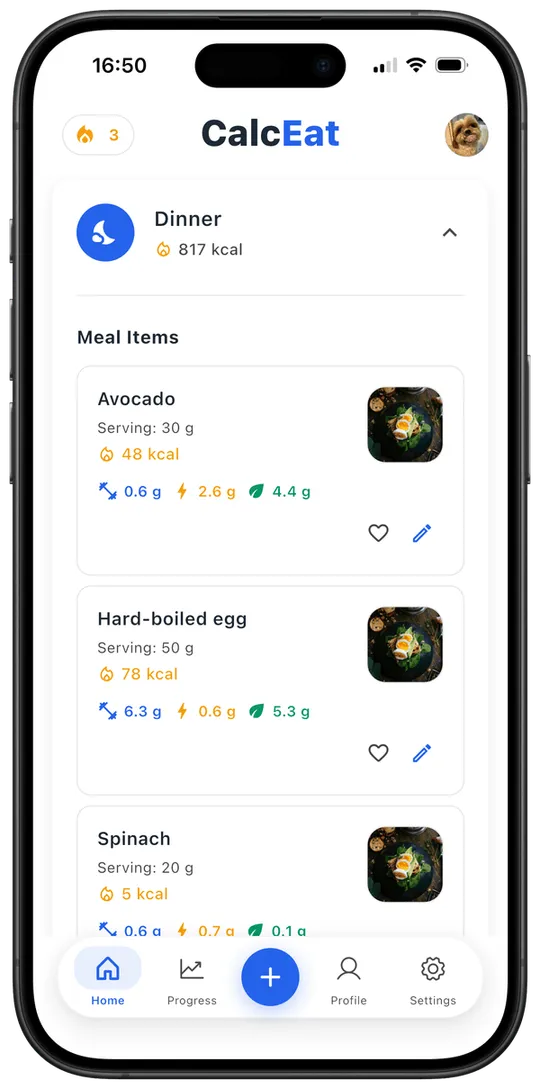 Per-item calories and macros for a logged dinner in CalcEat
